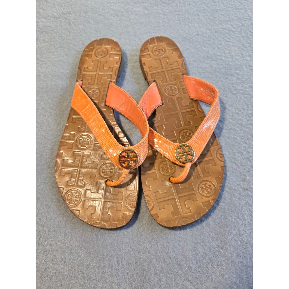 Tory Burch Miller Sandals Women 6M Orange Lizard Embossed Leather Logo Flat Flip